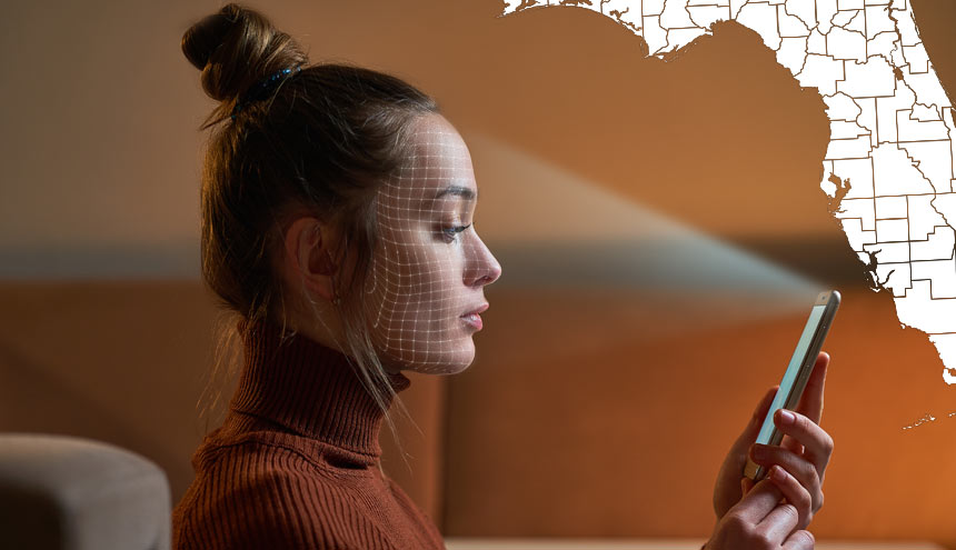 Photo of a woman looking at a phone with white map of Florida in upper right corner