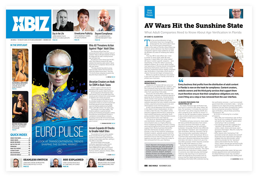 XBIZ World November 2025 cover and inner page showing Silverstein Legal article