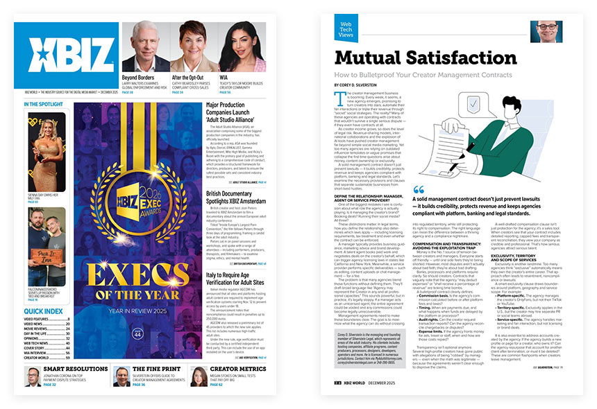 XBIZ World December 2025 cover and inner page showing Silverstein Legal article