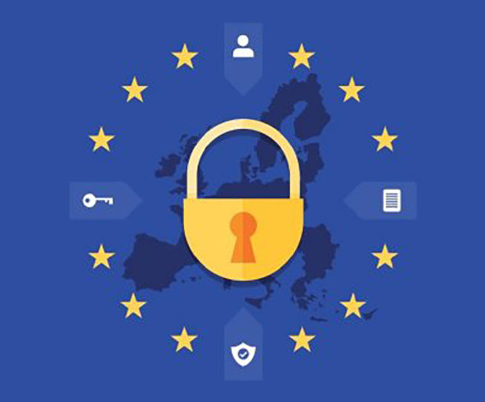 Illustration of a yellow padlock and stars over blue map of Europe