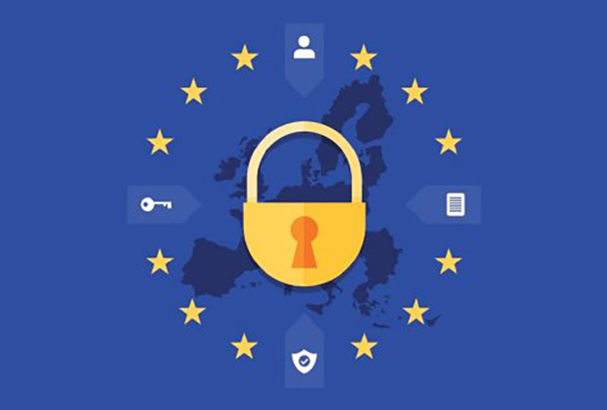 Illustration of a yellow padlock and stars over blue map of Europe