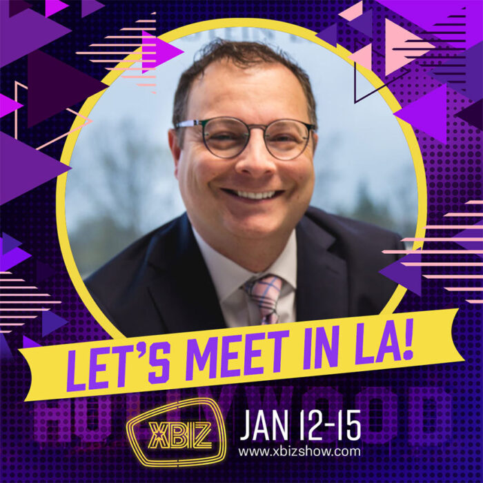 Graphic showing XBIZ logo in yellow neon over purple background and Corey's headshot