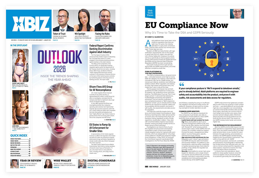 XBIZ World January 2026 cover and inner page showing Silverstein Legal article