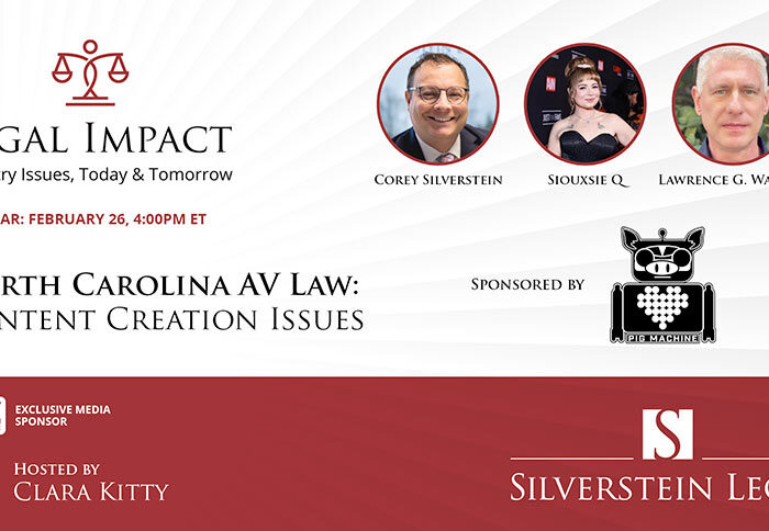 Legal Impact logo with black serif type with headshots and red color block and textured background