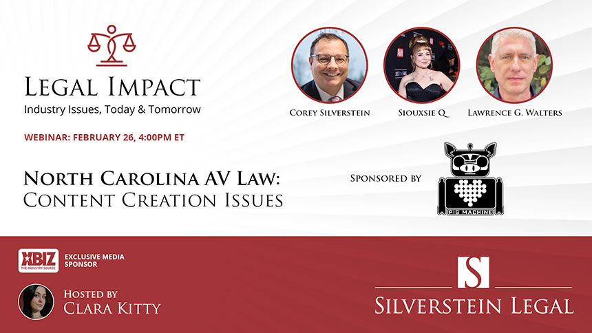 Legal Impact logo with black serif type with headshots and red color block and textured background