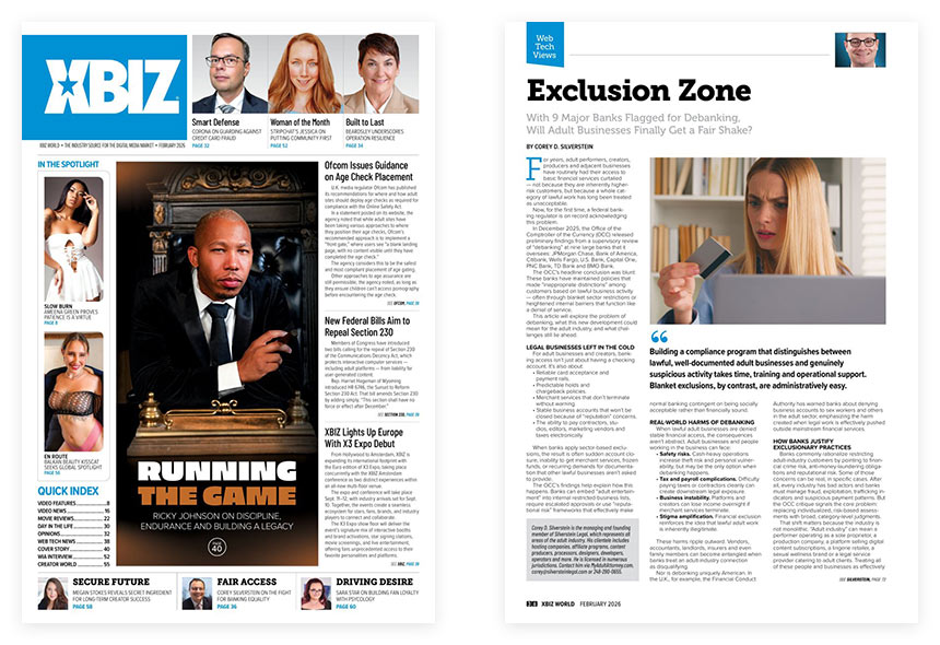 XBIZ World February 2026 cover and inner page showing Silverstein Legal article