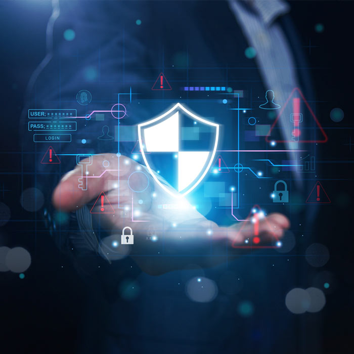 Photo of a person holding a digital collage of online safety icons and data