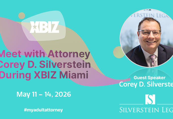 XBIZ logo with pink serif type over turquoise background with headshot of Corey Silverstein