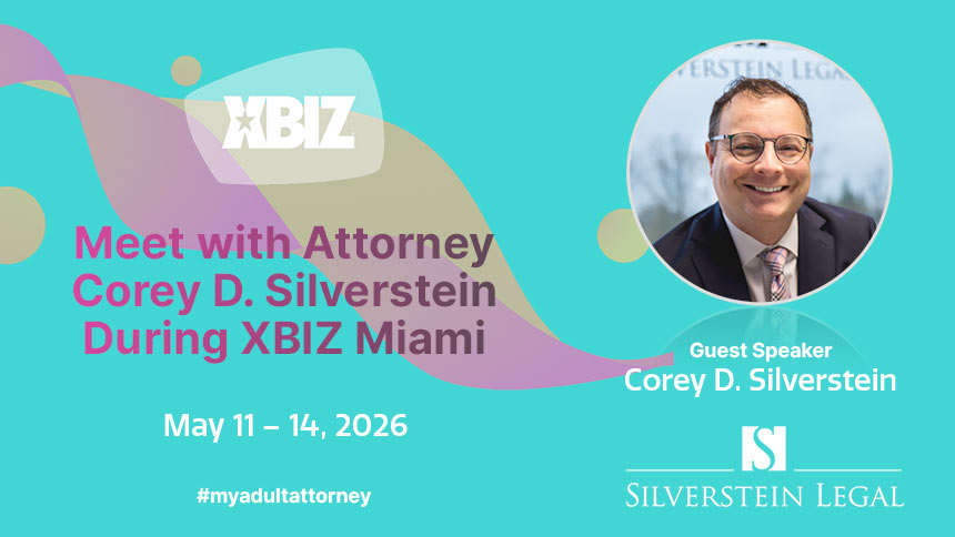 XBIZ logo with pink serif type over turquoise background with headshot of Corey Silverstein