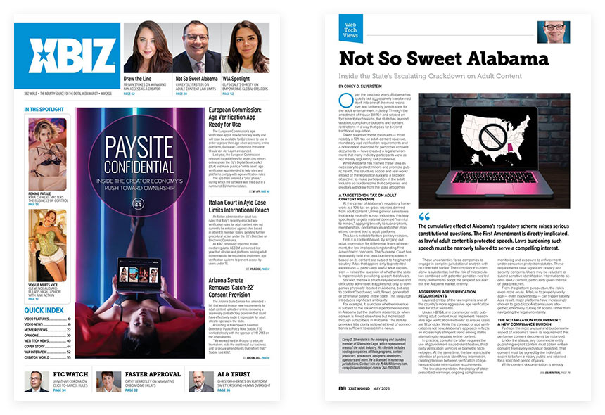 XBIZ World May 2026 cover and inner page showing Silverstein Legal article