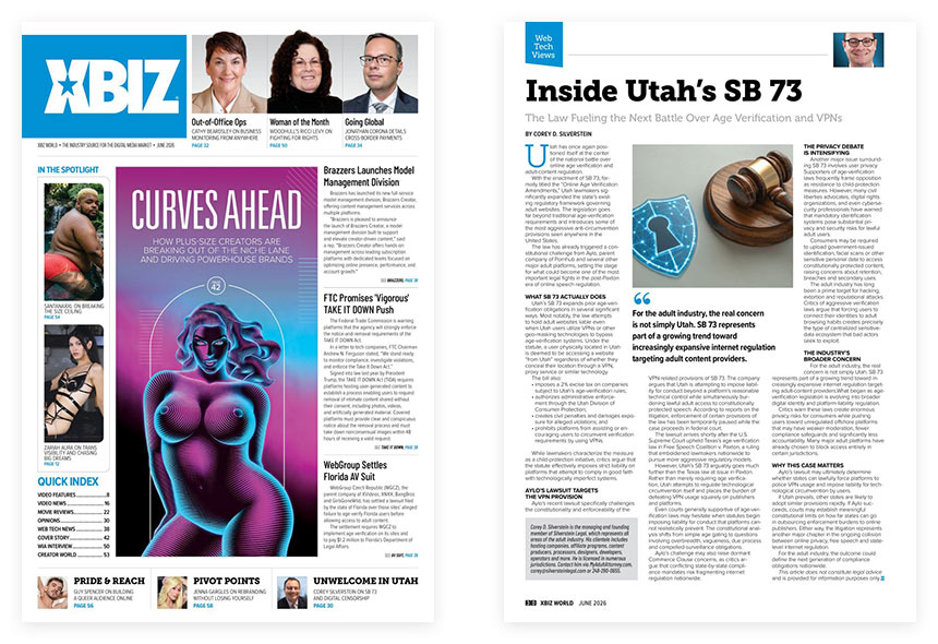 XBIZ World June 2026 cover and inner page showing Silverstein Legal article