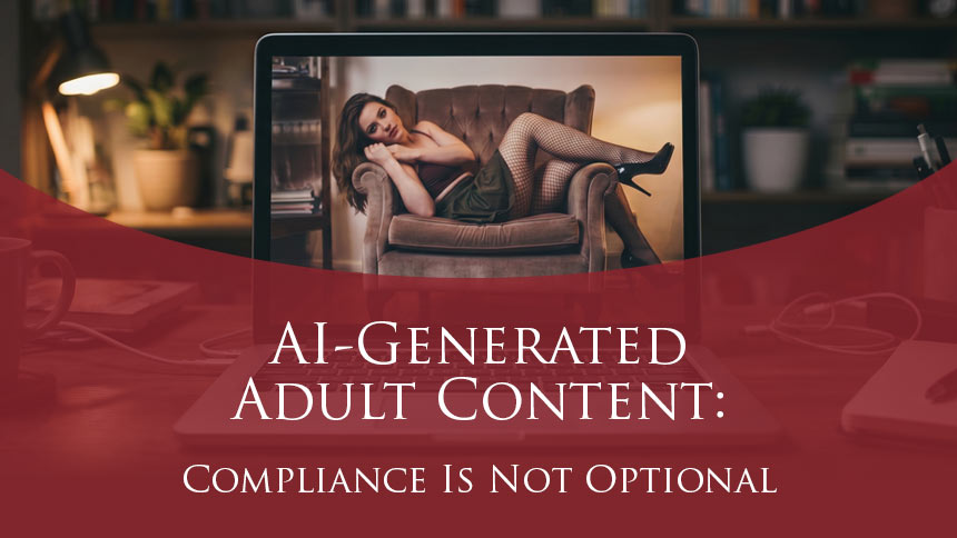 AI-generated photo of a sexy woman laying across an arm chair with dark red overlay and white serif type and Silverstein Legal logo