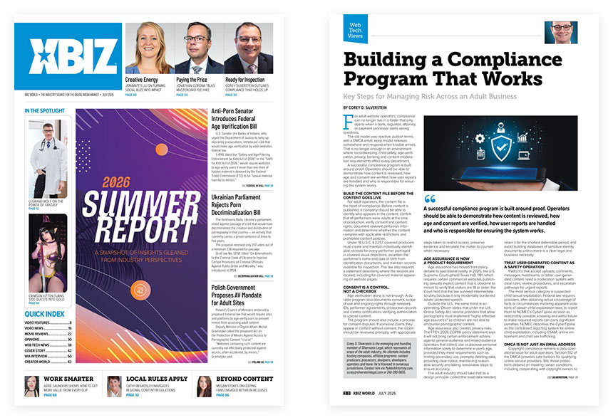 XBIZ World July 2026 cover and inner page showing Silverstein Legal article