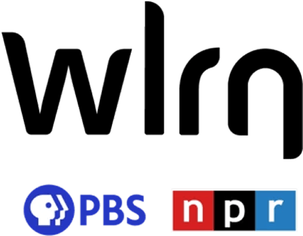 WLRN Logo - Black sans-serif type over cobalt blue PBS logo and red, black, and blue NPR logo