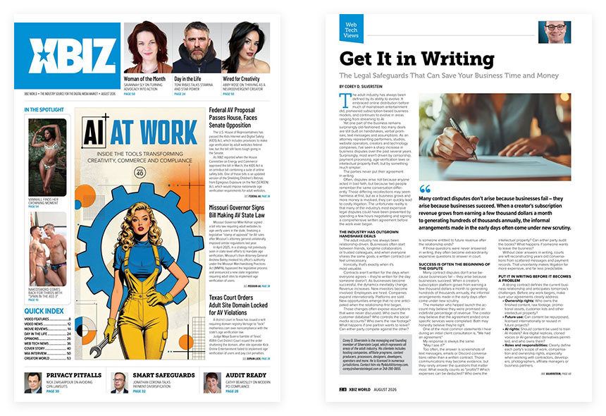 XBIZ World August 2026 cover and inner page showing Silverstein Legal article