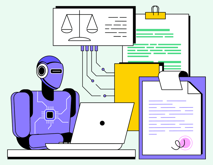 Graphic showing robot using a computer to write legal documents