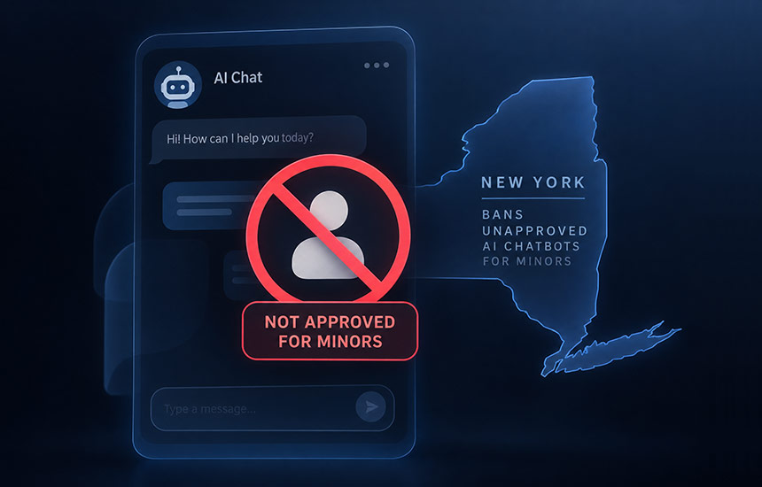 Graphic showing chatbot window with Not Approved for Minors warning and New York map in background
