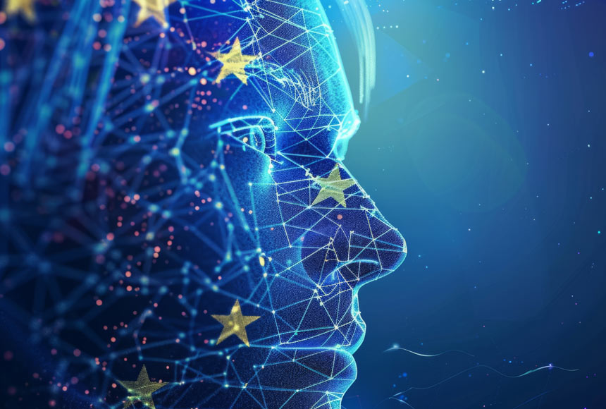 Graphic showing AI generated face with overlaying yellow EU stars in blue tones with pinks dots