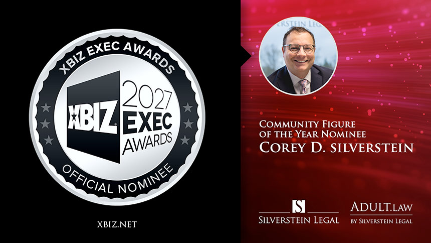 XBIZ 2027 Exec Nominee logo with headshot of Corey Silverstein and white serif type to right on sparkly red background