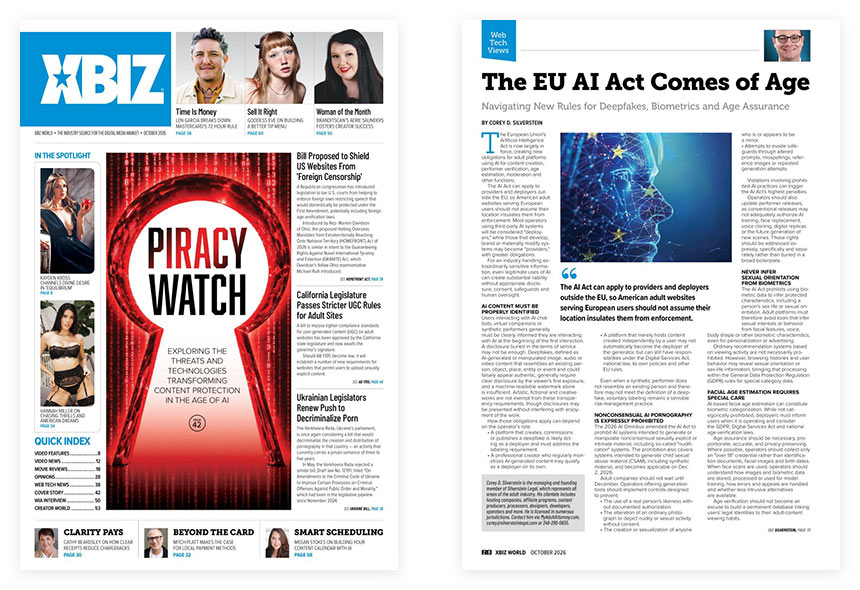 XBIZ World October 2025 cover and inner page showing Silverstein Legal article